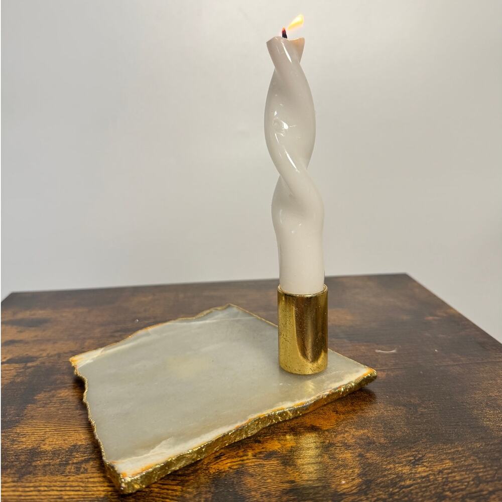 5.5" x 4.5" Anthropology Agate Natural Stone Gold Edge Candle Holders